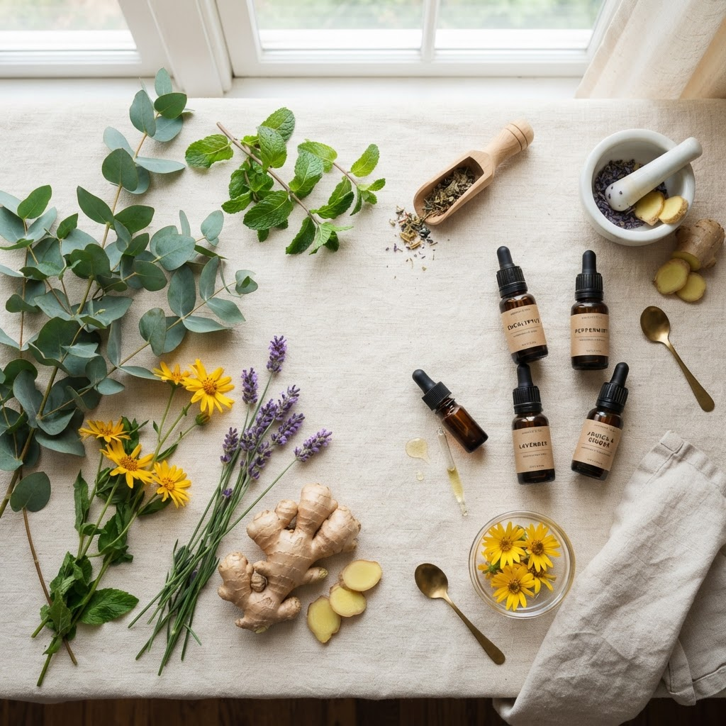 Assortment of botanical ingredients and essential oil bottles