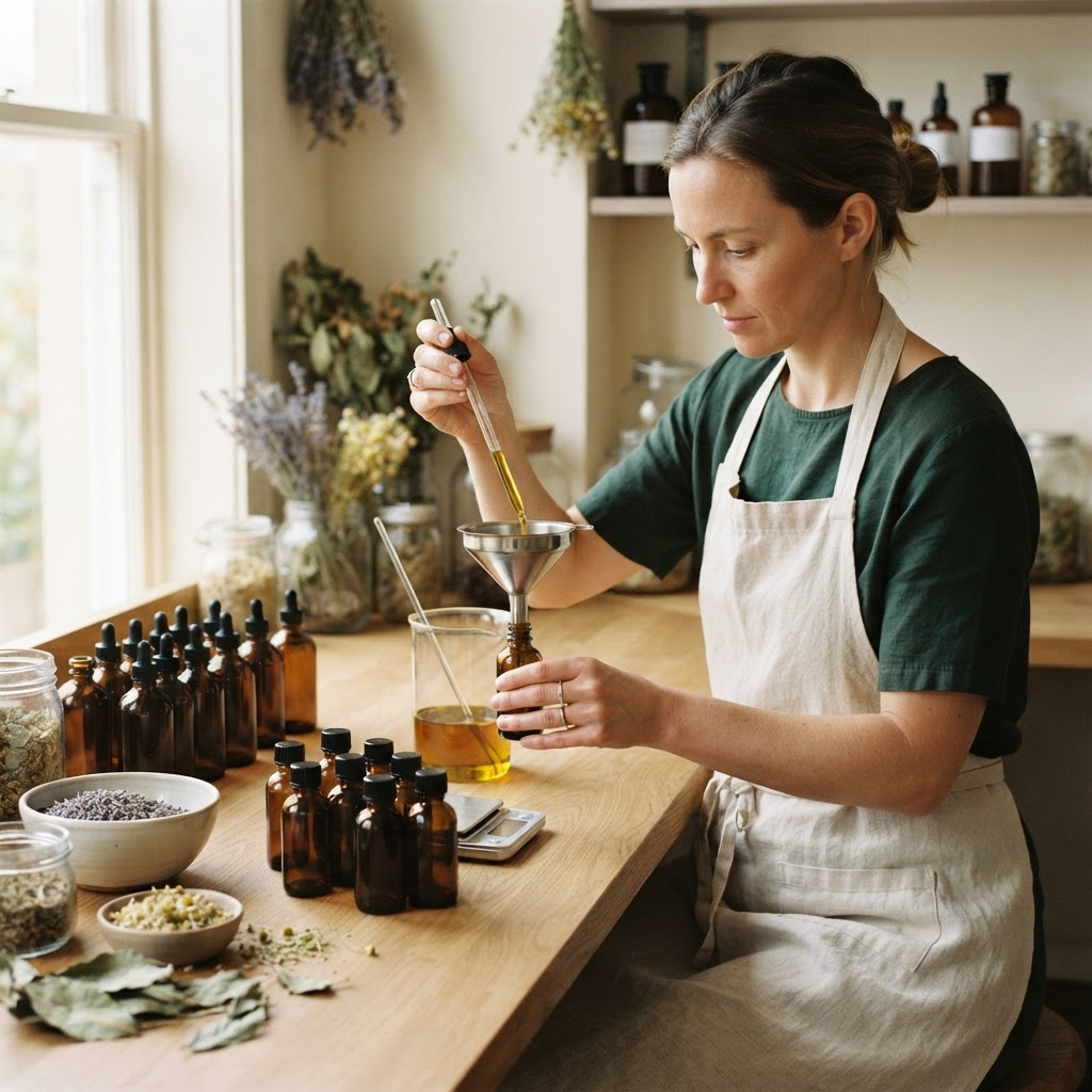Amber bottles being filled in a clean apothecary workspace