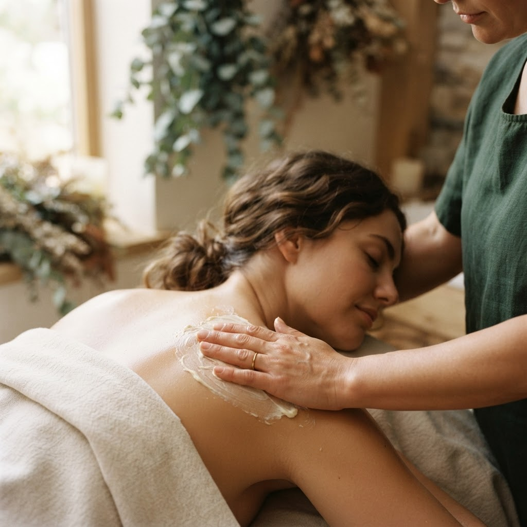 Botanical recovery cream being massaged into the shoulder in soft light