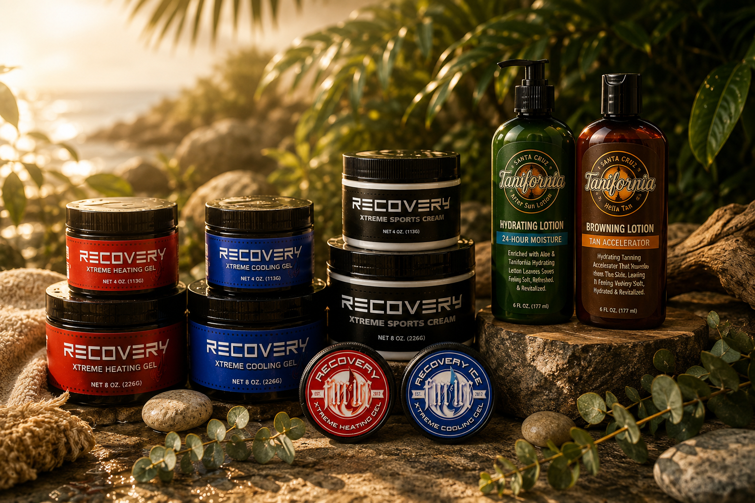 Tree Lotion Recovery Sports Cream, Heating and Cooling Gels, and Tanifornia lotions arranged on coastal stones with eucalyptus in warm sunset light