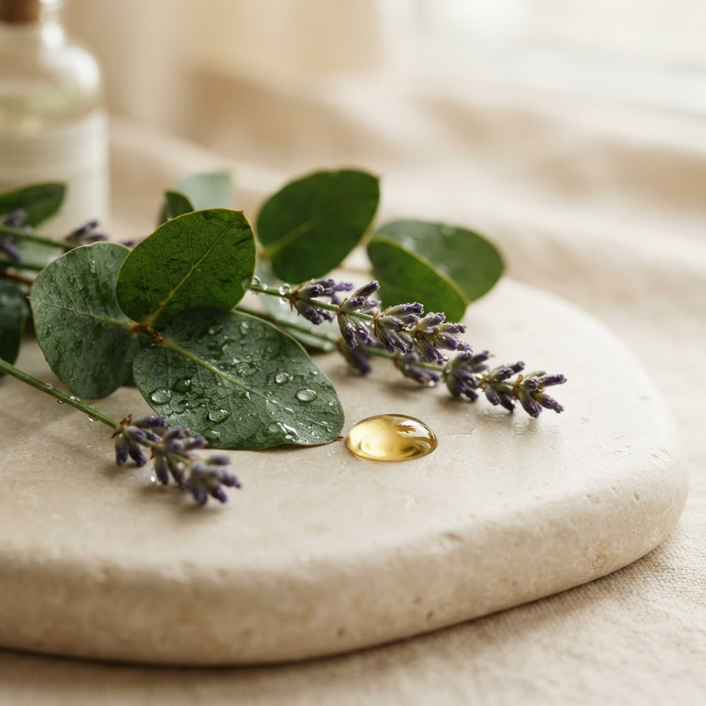 Fresh eucalyptus and lavender with a drop of golden essential oil on stone