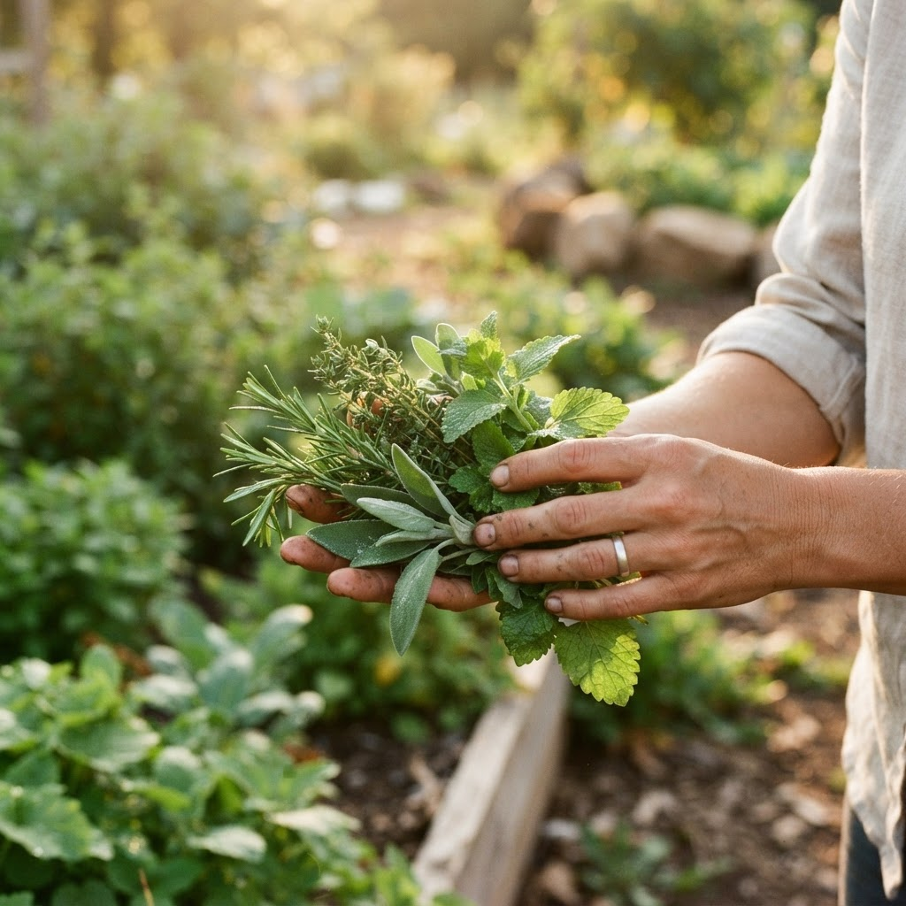 Hands holding fresh botanical herbs in natural sunlight