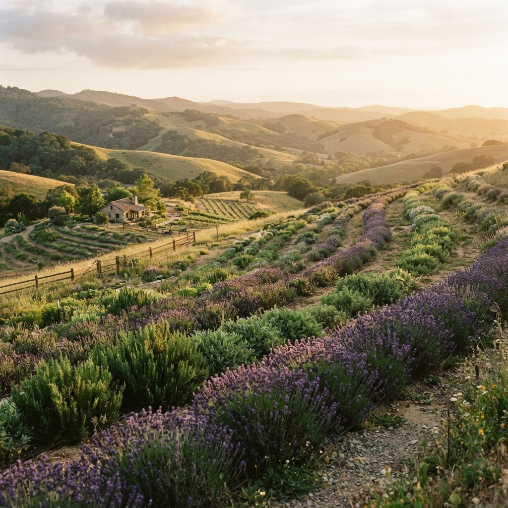 Sunlit California hillside herb farm at golden hour